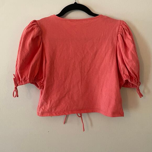 Free People Women's size XS Hot Pink Kitty Tee Puff Sleeve Cropped Tie Blouse - Picture 7 of 10